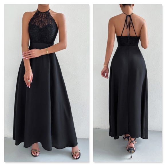 Rouge! Dresses & Skirts - Black Elegant Maxi Dress Lace Halter Neckline Tie Back Backless Flared Long